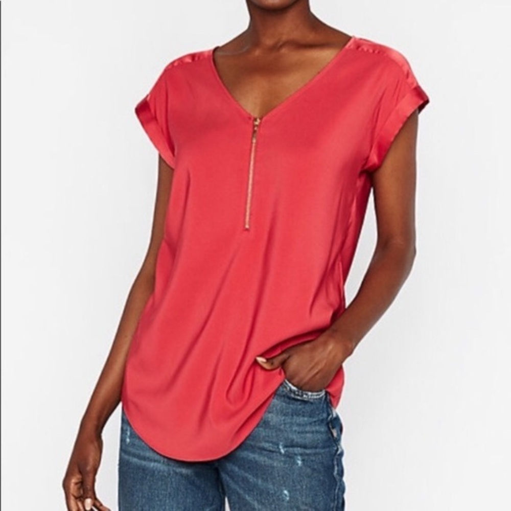 Express Red V-Neck Blouse with Zipper